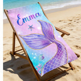 Custom Name Mermaid Tail Beach Towel, Mermaid Party Favors, Birthday Mermaid Theme Party Gift Idea, Girls Birthday Vacation Trip, Bach Trip