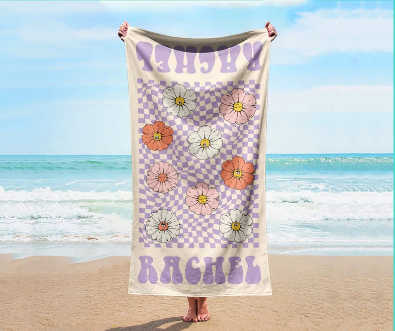 Personalized Retro Beach Towel with Name – Custom Birthday & Vacation Gift for Kids and Adults, Multi Style Summer Beach Accessory