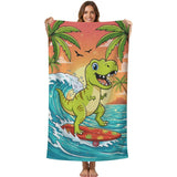Surfing Dinosaur Beach Towel – Cute Summer Dino Riding Waves, Fun Cartoon Ocean Towel for Kids & Teens