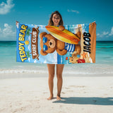 Personalized Kids Beach Towel with Name, Teddy Bear Surf Club Pool Towel, Custom Summer Vacation Gift for Boys, Cute Toddler Swim Towel