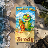 Personalized Dino Beach Towel with Name, Dinosaur Surf Beach Towel, Kids Summer Pool Towel, Custom Vacation Gift, Fun Beach Gift for Boys