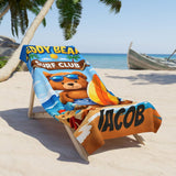 Personalized Kids Beach Towel with Name, Teddy Bear Surf Club Pool Towel, Custom Summer Vacation Gift for Boys, Cute Toddler Swim Towel