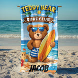 Personalized Kids Beach Towel with Name, Teddy Bear Surf Club Pool Towel, Custom Summer Vacation Gift for Boys, Cute Toddler Swim Towel