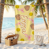 Custom Softball Beach Towel,Baseball Kids Name Beach Towel,Baseball Team Pool Towel,Coquette Bows Baseball Towel For Girls,Vacation Gift