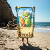 Personalized Dino Beach Towel with Name, Dinosaur Surf Beach Towel, Kids Summer Pool Towel, Custom Vacation Gift, Fun Beach Gift for Boys