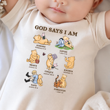 God Says I Am Baby Christian Onesie Bear and Piglet Faith Newborn Apparel Scripture Infant Gift