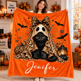 Personalized Halloween Cat Blanket - Cute Ghost Throw Blanket, Soft Fall Kids Halloween Blankets, Girl Spooky Seasonal Ghost Pumpkin Bat Throw Blanket