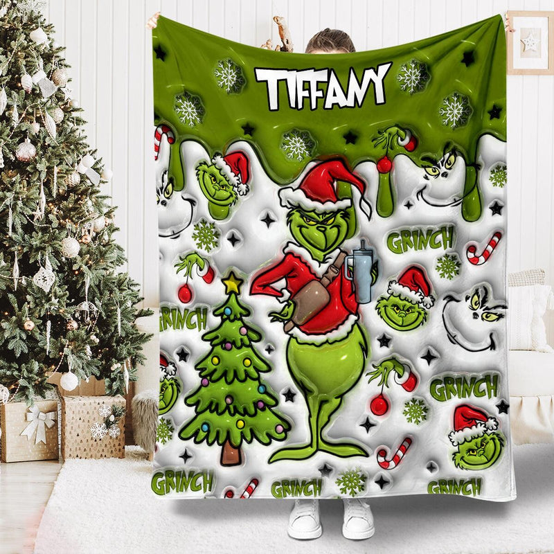 Custom Name Grinch Snow Flake Fleece Blanket, Green Christmas Tree Inflated Blanket, Personalized Funny Throw Blanket for Xmas