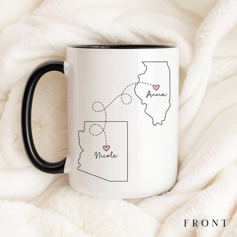 Never Too Far To Have Coffee Together - Personalized Name and State Mug - Custom Gift for Best Friends, Bestie, Sister, Family - Unique Long Distance Friendship Gift - Moving Away Present