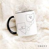 Never Too Far To Have Coffee Together - Personalized Name and State Mug - Custom Gift for Best Friends, Bestie, Sister, Family - Unique Long Distance Friendship Gift - Moving Away Present
