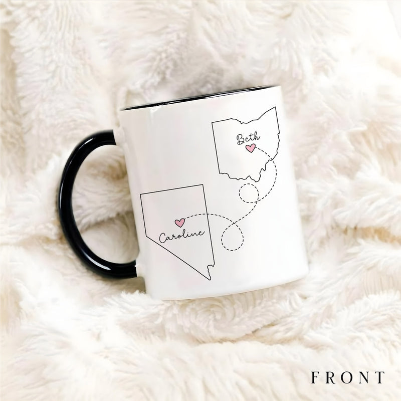 Never Too Far To Have Coffee Together - Personalized Name and State Mug - Custom Gift for Best Friends, Bestie, Sister, Family - Unique Long Distance Friendship Gift - Moving Away Present