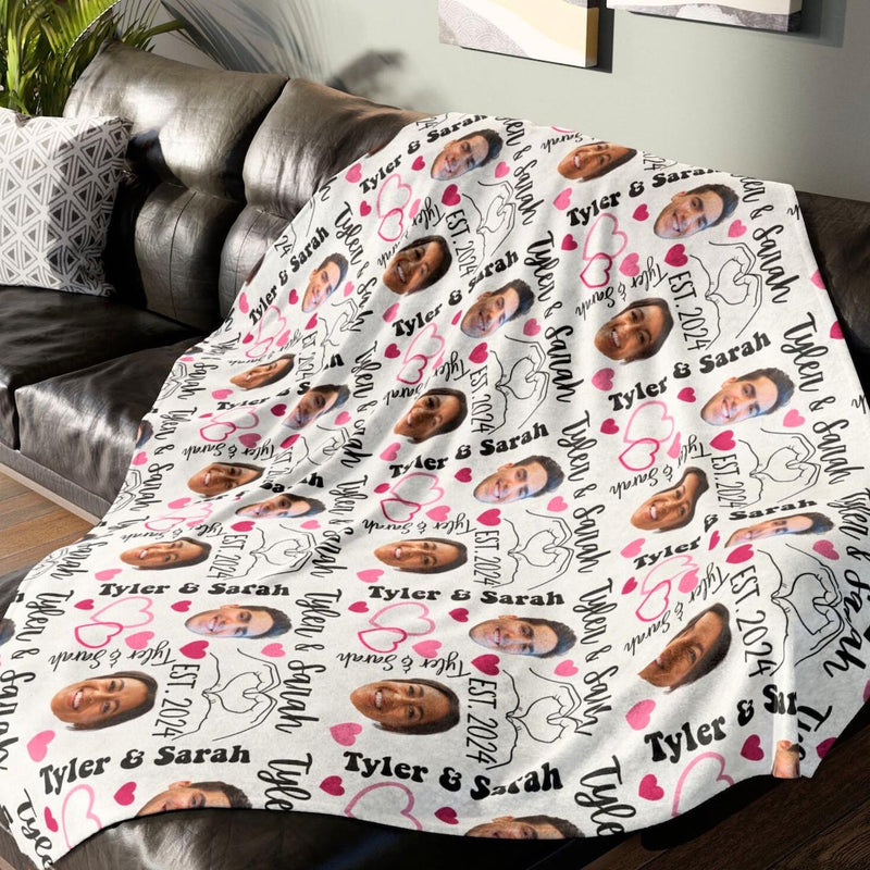 Custom Couple's Face Photo Blanket, Valentine's Day Gift, Personalized Name's Funny Girlfriend Present, Newlywed Wedding Engagement Date Throw