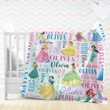 Personalized Disney Princess Blanket, Custom Name Baby Girl Blanket, Disney Princess Birthday Girl Gift