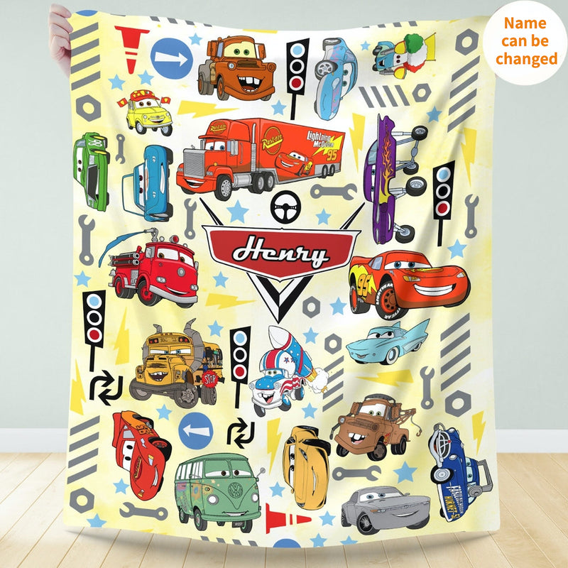 Personalized Cartoon Cars Blanket, Custom Name Pixar Cars Blanket, Lightning McQueen Sally Tow Mater Characters Blanket, Cars Birthday Gifts