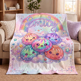 Personalized Kawaii Squishy Dumpling Blanket, Custom Name Pastel Rainbow Throw, Cute Food Plush Baby Girl Nursery Decor Birthday Gift