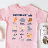 Safari Animals, God Says I Am Kids Shirt, Christian Toddler Tee, Bible Verse Shirt, Faith Based Kids Clothing, Religious Baby Bodysuit