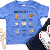 Safari Animals, God Says I Am Kids Shirt, Christian Toddler Tee, Bible Verse Shirt, Faith Based Kids Clothing, Religious Baby Bodysuit