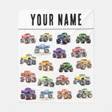 Personalized Name Monster Trucks Fleece Blanket for Kids and Adults - Unique Gifts for Birthday, Housewarming, Christmas