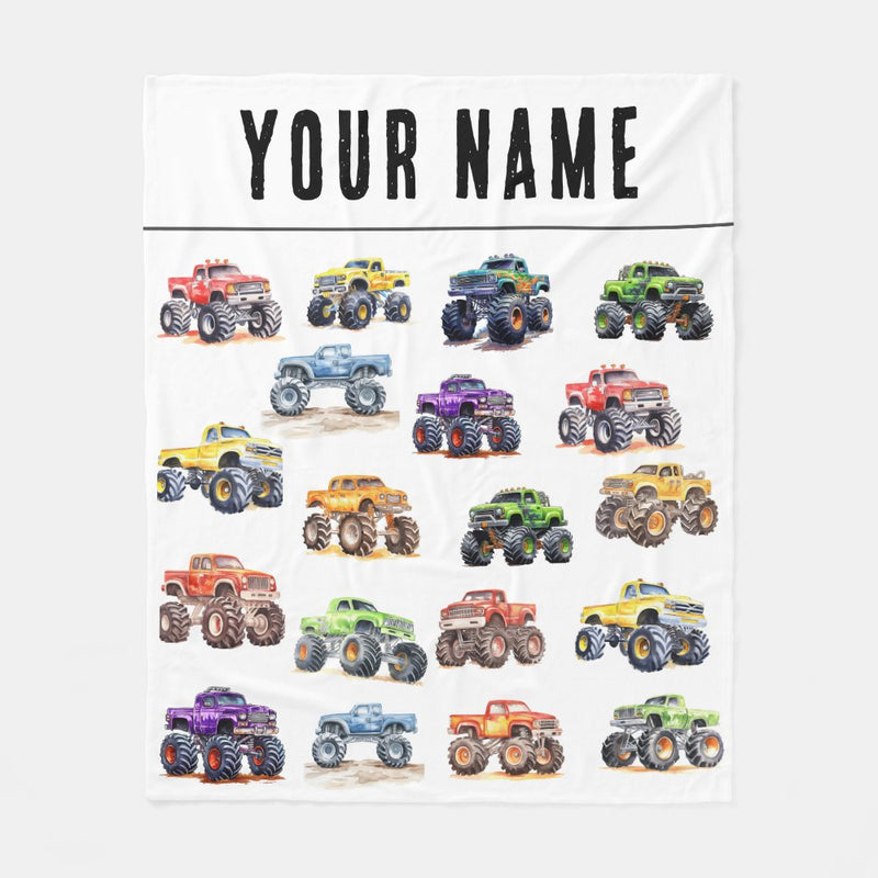 Personalized Name Monster Trucks Fleece Blanket for Kids and Adults - Unique Gifts for Birthday, Housewarming, Christmas