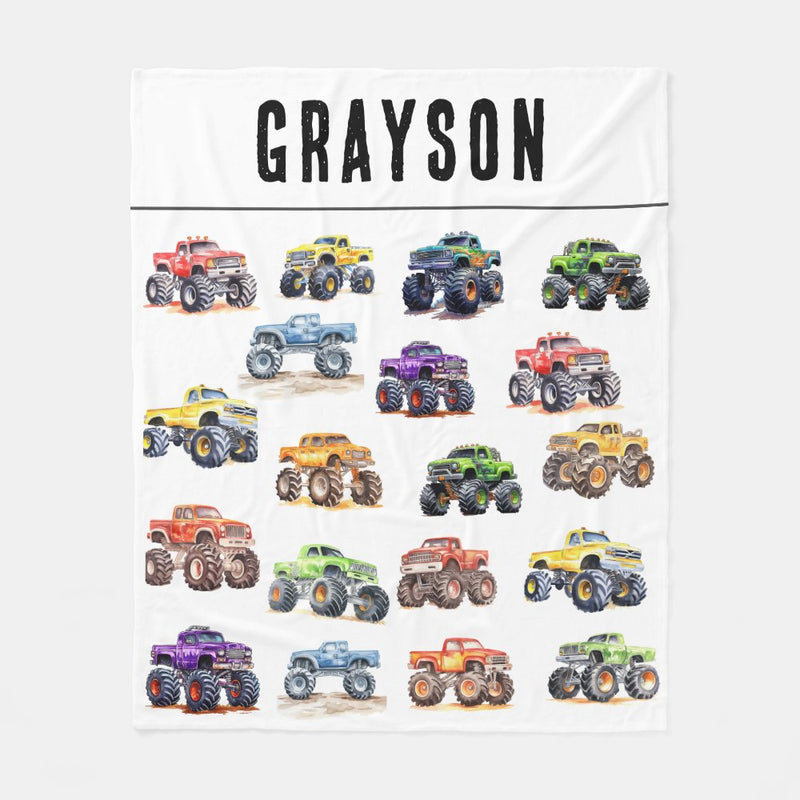 Personalized Name Monster Trucks Fleece Blanket for Kids and Adults - Unique Gifts for Birthday, Housewarming, Christmas