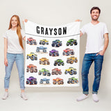 Personalized Name Monster Trucks Fleece Blanket for Kids and Adults - Unique Gifts for Birthday, Housewarming, Christmas