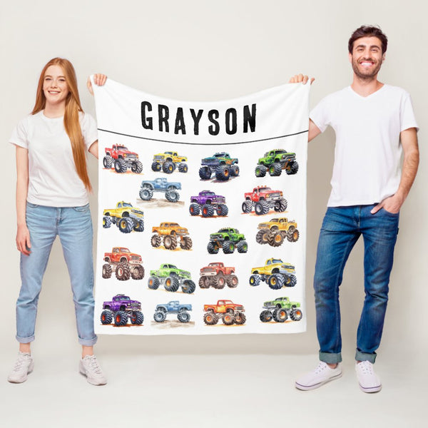 Personalized Name Monster Trucks Fleece Blanket for Kids and Adults - Unique Gifts for Birthday, Housewarming, Christmas
