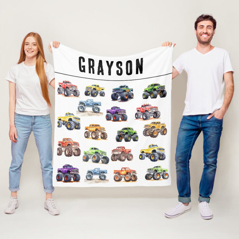 Personalized Name Monster Trucks Fleece Blanket for Kids and Adults - Unique Gifts for Birthday, Housewarming, Christmas