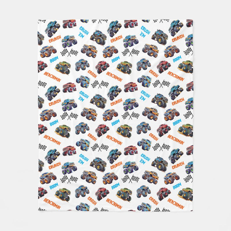 Personalized Name Monster Trucks Fleece Blanket for Kids and Adults - Unique Gifts for Birthday, Housewarming, Christmas
