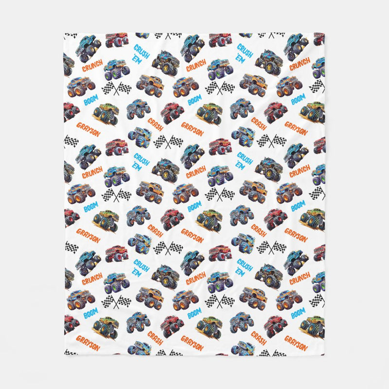 Personalized Name Monster Trucks Fleece Blanket for Kids and Adults - Unique Gifts for Birthday, Housewarming, Christmas