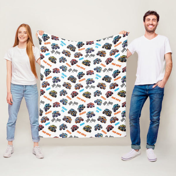 Personalized Name Monster Trucks Fleece Blanket for Kids and Adults - Unique Gifts for Birthday, Housewarming, Christmas