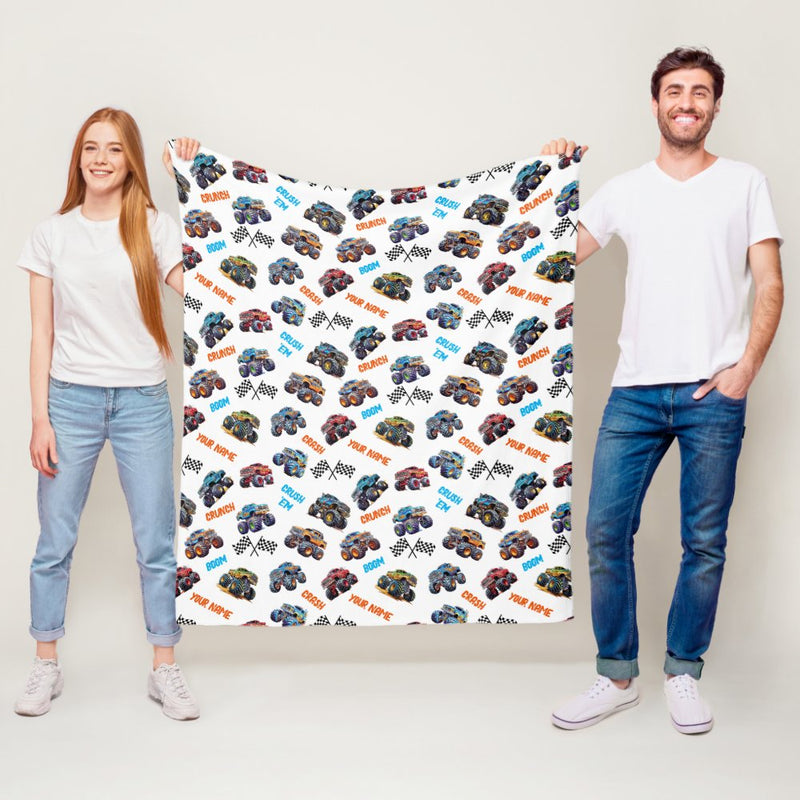 Personalized Name Monster Trucks Fleece Blanket for Kids and Adults - Unique Gifts for Birthday, Housewarming, Christmas