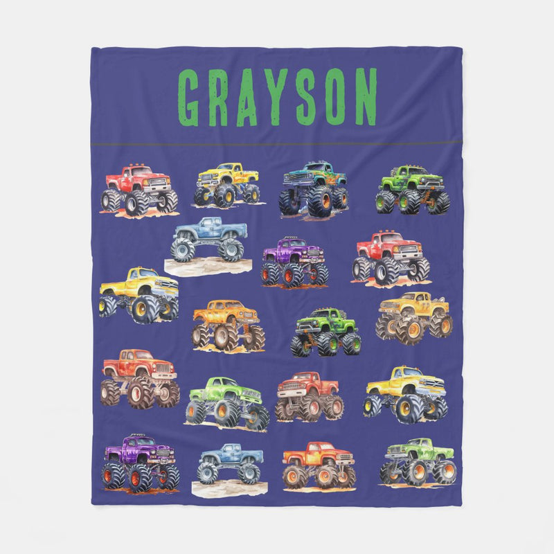 Personalized Name Monster Trucks Fleece Blanket for Kids and Adults - Unique Gifts for Birthday, Housewarming, Christmas