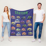 Personalized Name Monster Trucks Fleece Blanket for Kids and Adults - Unique Gifts for Birthday, Housewarming, Christmas