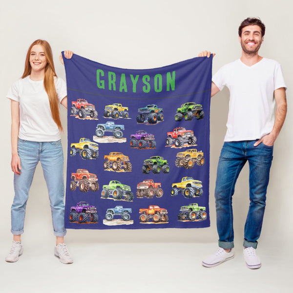 Personalized Name Monster Trucks Fleece Blanket for Kids and Adults - Unique Gifts for Birthday, Housewarming, Christmas