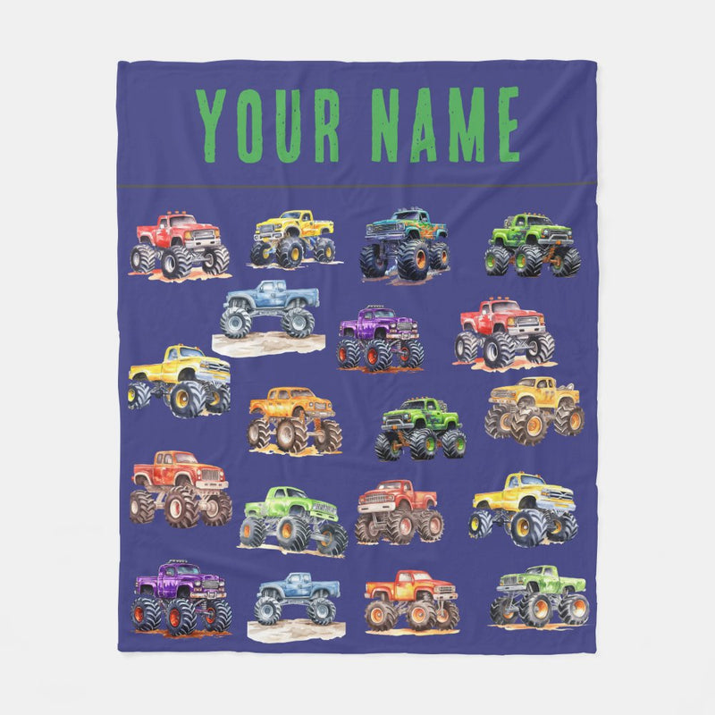 Personalized Name Monster Trucks Fleece Blanket for Kids and Adults - Unique Gifts for Birthday, Housewarming, Christmas