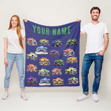 Personalized Name Monster Trucks Fleece Blanket for Kids and Adults - Unique Gifts for Birthday, Housewarming, Christmas