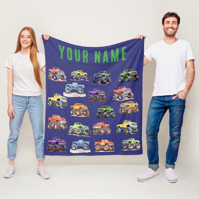 Personalized Name Monster Trucks Fleece Blanket for Kids and Adults - Unique Gifts for Birthday, Housewarming, Christmas