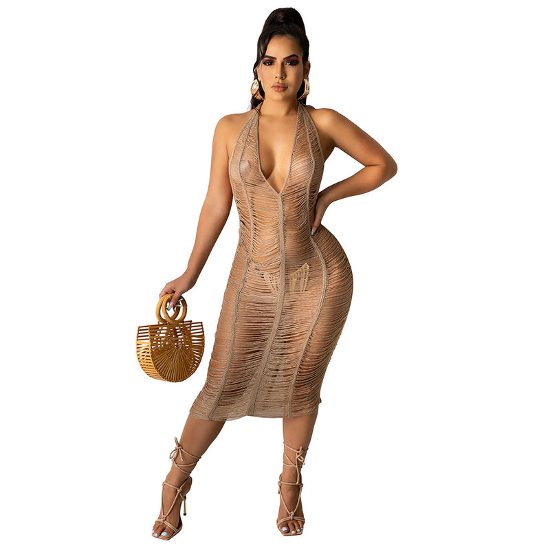 Open Stitch Halter Backless Cover Up