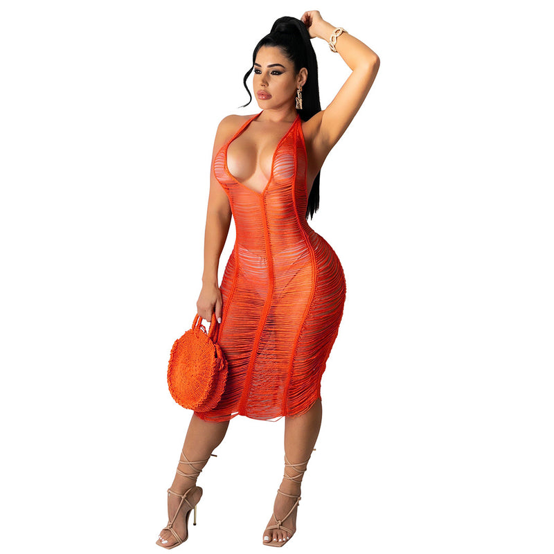 Open Stitch Halter Backless Cover Up