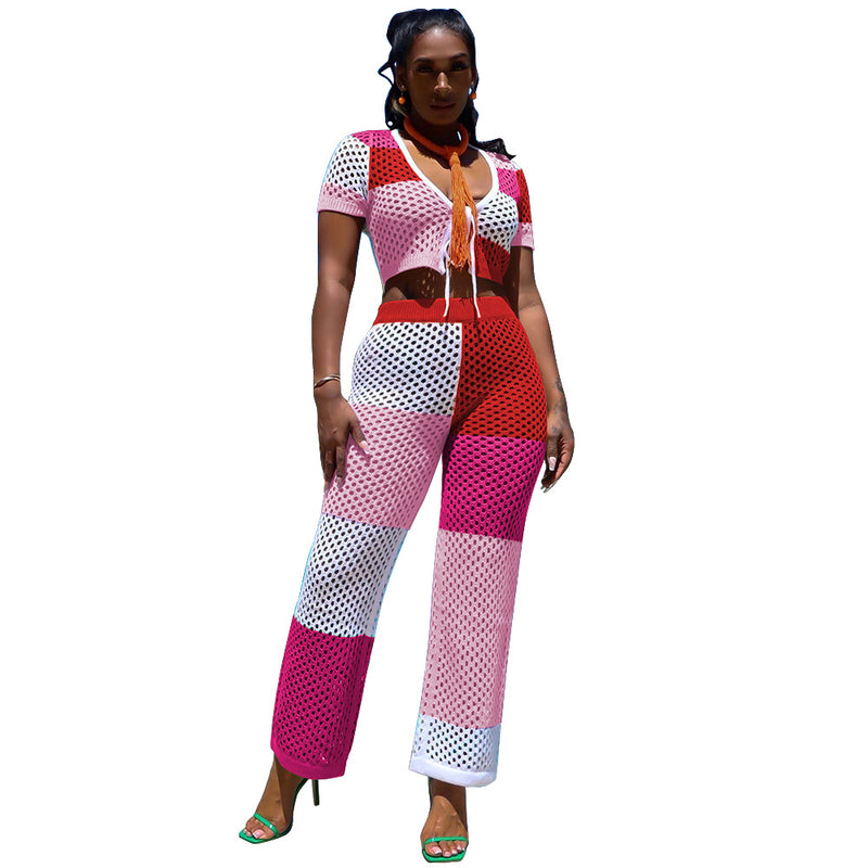 Open Knit Knot Front Crop Top & Pants